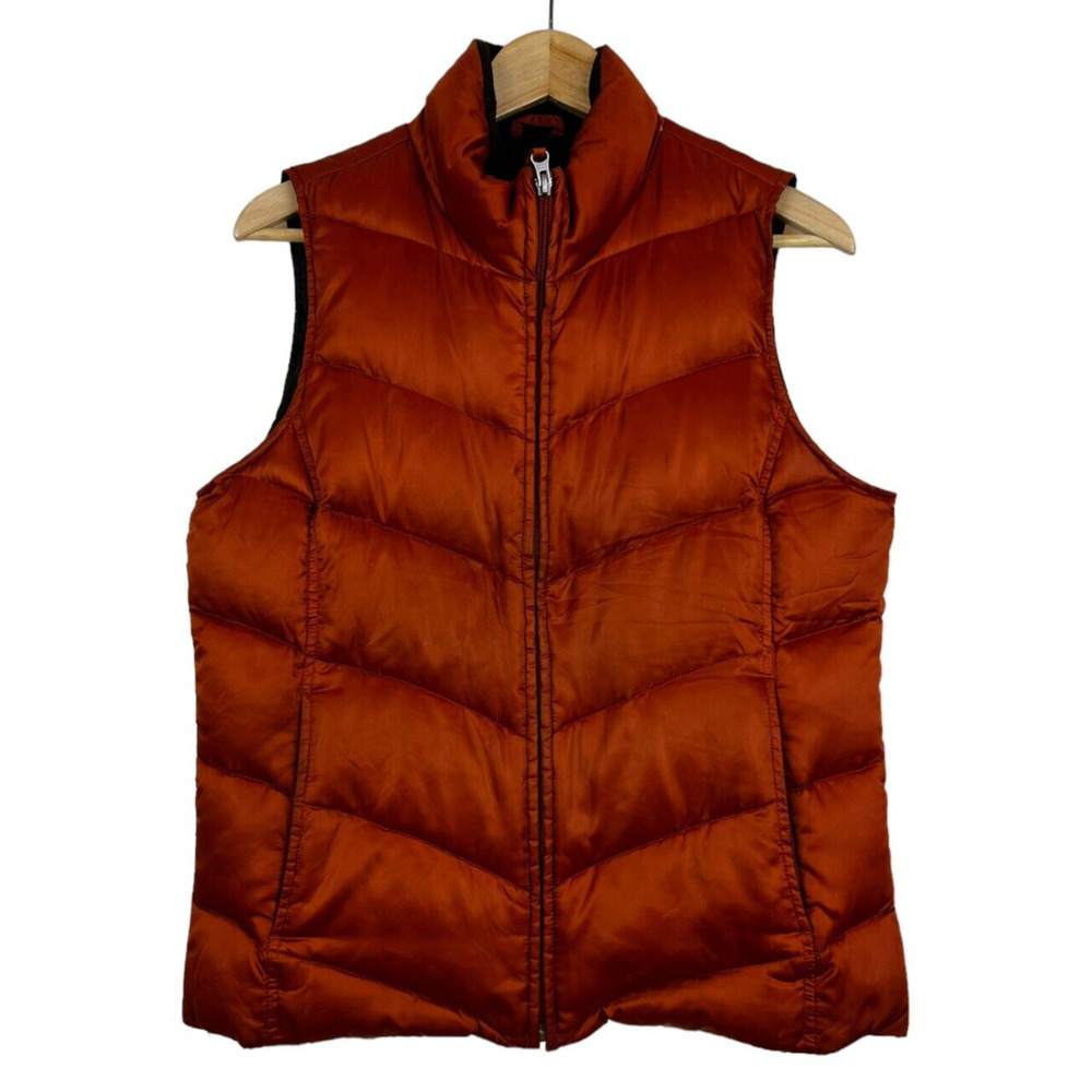 Eddie Bauer Goose Down Women's Size M Puffer Vest Orange Full Zip Zipper Pockets